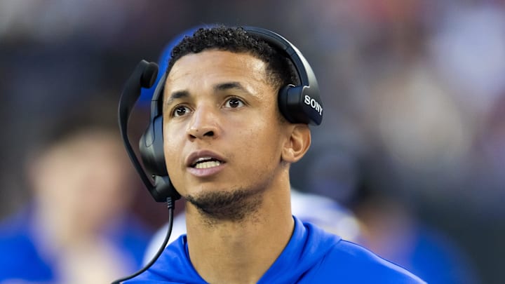 Dec 7, 2025; Glendale, Arizona, USA; Los Angeles Rams  pass game coordinator Nate Scheelhaase against the Arizona Cardinals at State Farm Stadium. Mandatory Credit: Mark J. Rebilas-Imagn Images