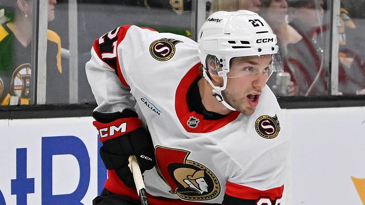 Oct 5, 2026; Boston, Massachusetts, USA; Ottawa Senators left wing William Eklund (27) controls the puck behind the goal line during the second period against the Boston Bruins at TD Garden. Mandatory Credit: Eric Canha-Imagn Images