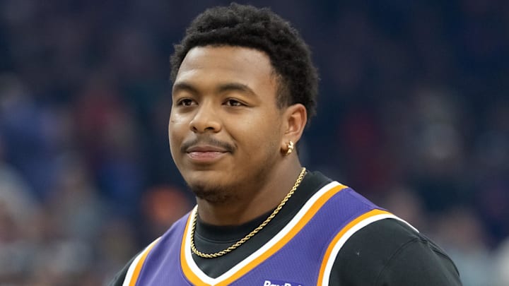 Apr 14, 2026; Phoenix, Arizona, USA; Arizona State Sun Devils defensive lineman C.J. Fite prior to the Portland Trail Blazers against the Phoenix Suns during the play-in rounds of the 2026 NBA Playoffs at Mortgage Matchup Center. Mandatory Credit: Mark J. Rebilas-Imagn Images
