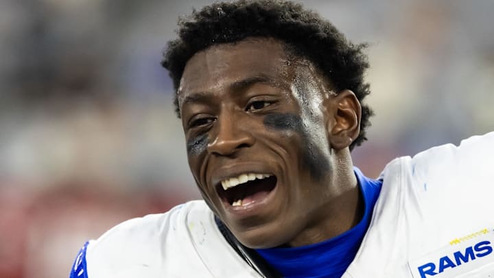 Los Angeles Rams cornerback Emmanuel Forbes Jr. (1). Mandatory Credit: Mark J. Rebilas-Imagn Images