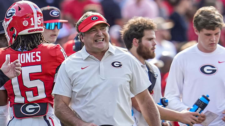 Aug 30, 2025; Athens, Georgia, USA; Georgia Bulldogs head coach Kirby Smart (center) reacts during the game against the Marshall Thundering Herd at Sanford Stadium. Mandatory Credit: Dale Zanine-Imagn Images
