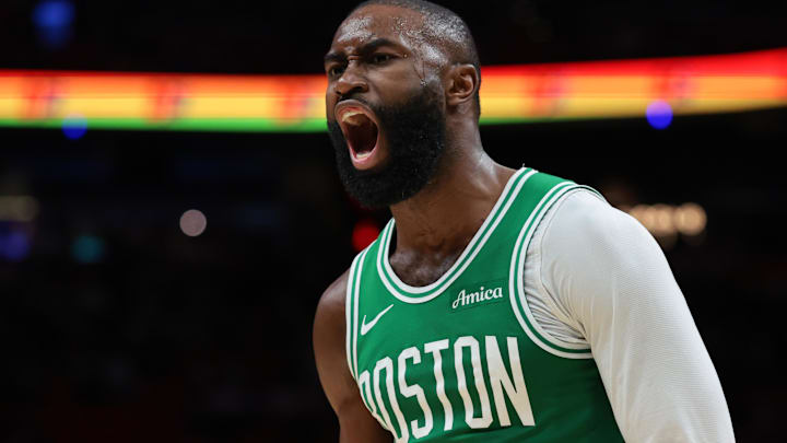 Apr 1, 2026; Miami, Florida, USA; Boston Celtics guard Jaylen Brown (7) reacts against the Miami Heat during the third quarter at Kaseya Center. Mandatory Credit: Sam Navarro-Imagn Images