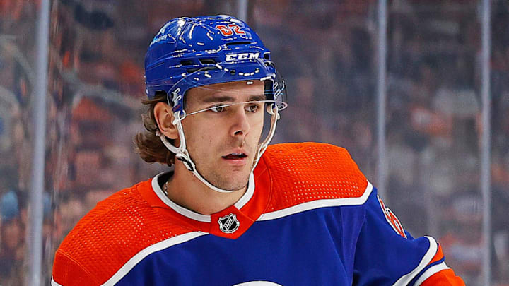 Nov 4, 2023; Edmonton, Alberta, CAN; Edmonton Oilers forward Raphael Lavoie (62) skates against the