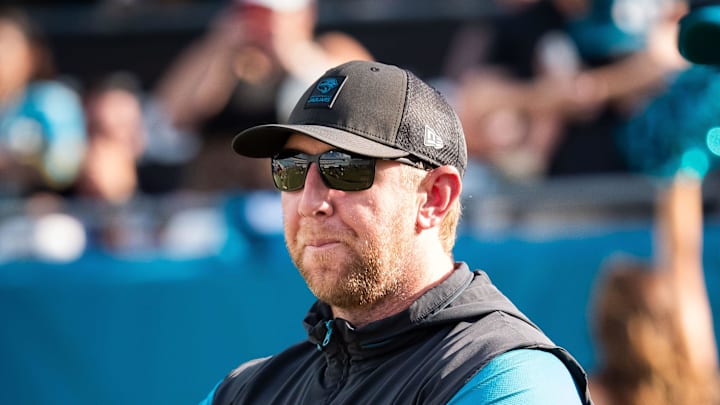 Jacksonville Jaguars head coach Liam Coen watches his team warm up before an NFL scrimmage at EverBank Stadium Friday August 1, 2025, in Jacksonville, Fla. [Doug Engle/Florida Times-Union]