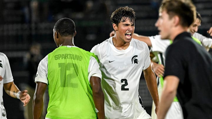 Michigan State's Will Eby celebrates after the Spartans beat Indiana on Tuesday, Sept. 23, 2025, at DeMartin Stadium in East Lansing. Michigan State's Will Eby celebrates after the Spartans beat Indiana on Tuesday, Sept. 23, 2025, at DeMartin Stadium in East Lansing.