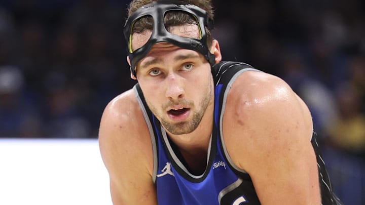 Dec 3, 2025; Orlando, Florida, USA; Orlando Magic forward Franz Wagner (22) looks on against the San Antonio Spurs in the third quarter at Kia Center. Mandatory Credit: Nathan Ray Seebeck-Imagn Images