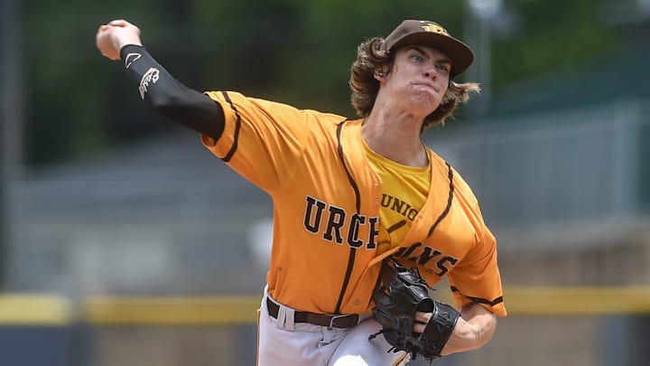 East Union's pitcher Landon Harmon (3) winds the ball during the MHSAA class 2 baseball championships at Trustmark Park in Pearl, Miss., Wednesday, May 31, 2023. East Union beat Pisgah 14-0.