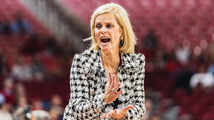 LSU head coach Kim Mulkey reacts on the sideline in the SEC opener between Arkansas and LSU. LSU won 98-64.