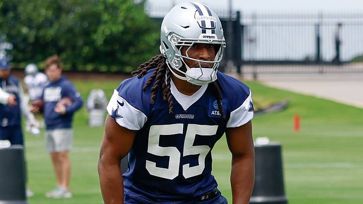 Dallas Cowboys linebacker Jaishawn Barham goes through a drill during practice at the Ford Center at the Star Training Facility. Dallas Cowboys linebacker Jaishawn Barham goes through a drill during practice at the Ford Center at the Star Training Facility.
