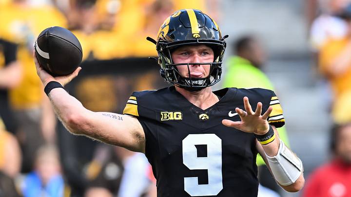 Sep 5, 2026; Iowa City, Iowa, USA; Iowa Hawkeyes quarterback Hank Brown (9) throws a pass against the Northern Illinois Huskies during the first quarter at Kinnick Stadium. Mandatory Credit: Jeffrey Becker-Imagn Images Sep 5, 2026; Iowa City, Iowa, USA; Iowa Hawkeyes quarterback Hank Brown (9) throws a pass against the Northern Illinois Huskies during the first quarter at Kinnick Stadium. Mandatory Credit: Jeffrey Becker-Imagn Images