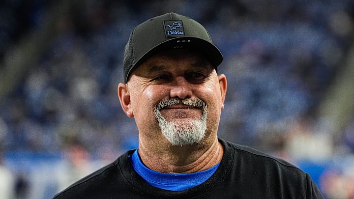 Detroit Lions offensive coordinator John Morton walks towards the sideline during warm up ahead of the Cleveland Browns game at Ford Field in Detroit on Sunday, Sept. 28, 2025.