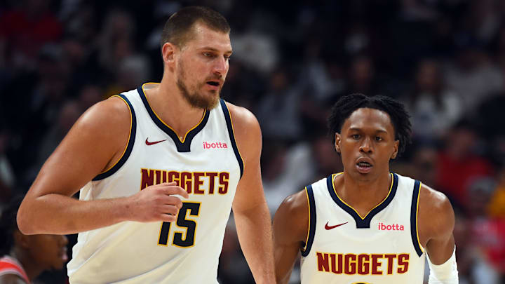 Oct 14, 2025; Denver, Colorado, USA; Denver Nuggets forward Peyton Watson (8) after scoring on an assist by center Nikola Jokic (15) during the first half at Ball Arena. Mandatory Credit: Christopher Hanewinckel-Imagn Images Oct 14, 2025; Denver, Colorado, USA; Denver Nuggets forward Peyton Watson (8) after scoring on an assist by center Nikola Jokic (15) during the first half at Ball Arena. Mandatory Credit: Christopher Hanewinckel-Imagn Images