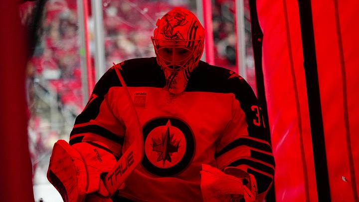 Mar 9, 2025; Raleigh, North Carolina, USA; Winnipeg Jets goaltender Connor Hellebuyck (37) comes off the ice after the warmups before the game against the Carolina Hurricanes at Lenovo Center. Mandatory Credit: James Guillory-Imagn Images Mar 9, 2025; Raleigh, North Carolina, USA; Winnipeg Jets goaltender Connor Hellebuyck (37) comes off the ice after the warmups before the game against the Carolina Hurricanes at Lenovo Center. Mandatory Credit: James Guillory-Imagn Images