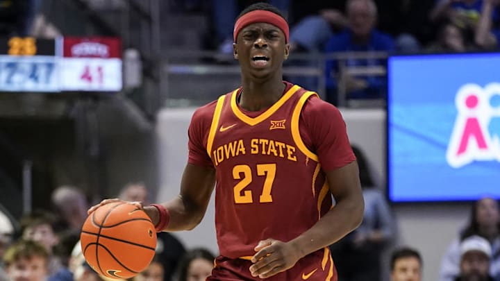 Feb 21, 2026; Provo, Utah, USA; Iowa State Cyclones guard Killyan Toure (27) dribbles the ball during the second half against the BYU Cougars at Marriott Center.