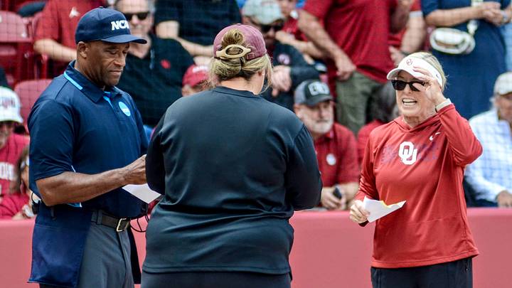 Oklahoma coach Patty Gasso exchanges lineup cards with Mississippi State coach Samantha Ricketts ahead of a game in the Norman Super Regional. Oklahoma coach Patty Gasso exchanges lineup cards with Mississippi State coach Samantha Ricketts ahead of a game in the Norman Super Regional.