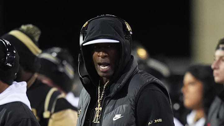 Nov 22, 2025; Boulder, Colorado, USA; Colorado Buffaloes head coach Deion Sanders on the sidelines in the first quarter against the Arizona State Sun Devils at Folsom Field. 
