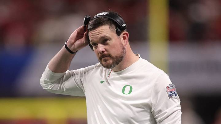 Jan 9, 2026; Atlanta, GA, USA; Oregon Ducks head coach Dan Lanning reacts during the first half of the 2025 Peach Bowl and semifinal game of the College Football Playoff against the Indiana Hoosiers at Mercedes-Benz Stadium. Mandatory Credit: Brett Davis-Imagn Images