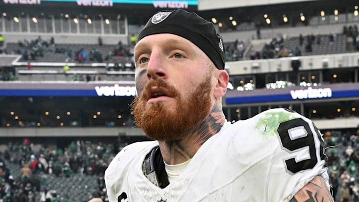 Dec 14, 2025; Philadelphia, Pennsylvania, USA; Las Vegas Raiders defensive end Maxx Crosby (98) on the field after loss to the Philadelphia Eagles at Lincoln Financial Field. Mandatory Credit: Eric Hartline-Imagn Images