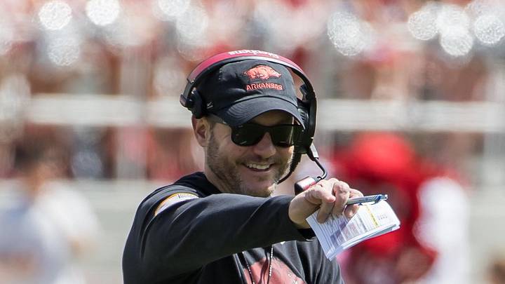 Arkansas Razorbacks coach Ryan Silverfield points during the spring game at Razorback Stadium. 