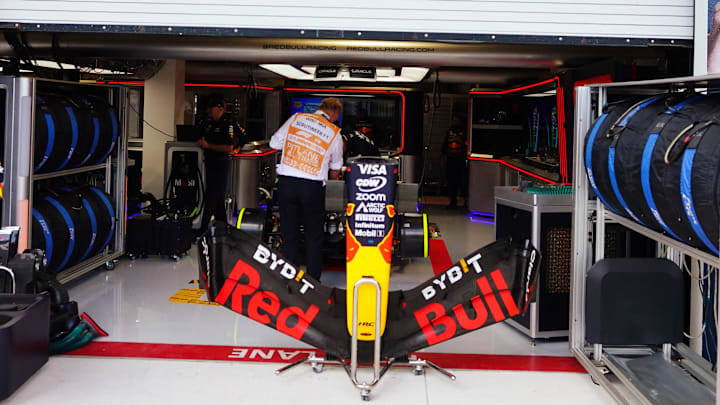 May 4, 2024; Miami Gardens, Florida, USA; Red Bull Racing driver Max Verstappen (1) car sits in the paddock before the F1 Sprint Race at Miami International Autodrome. Mandatory Credit: John David Mercer-Imagn Images May 4, 2024; Miami Gardens, Florida, USA; Red Bull Racing driver Max Verstappen (1) car sits in the paddock before the F1 Sprint Race at Miami International Autodrome. Mandatory Credit: John David Mercer-Imagn Images