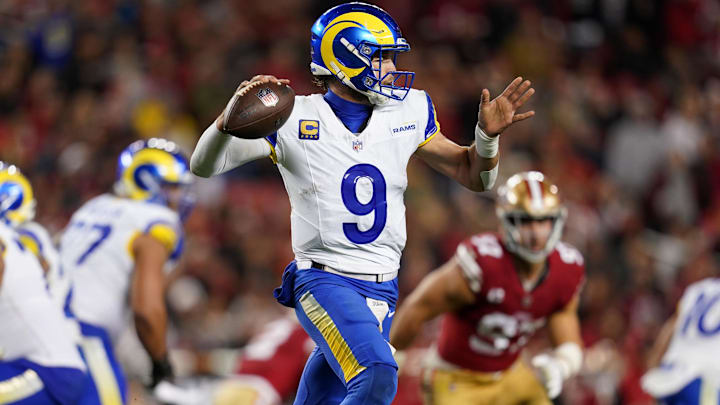 Dec 12, 2024; Santa Clara, California, USA; Los Angeles Rams quarterback Matthew Stafford (9) throws a pass against the San Francisco 49ers in the fourth quarter at Levi's Stadium. Mandatory Credit: Cary Edmondson-Imagn Images