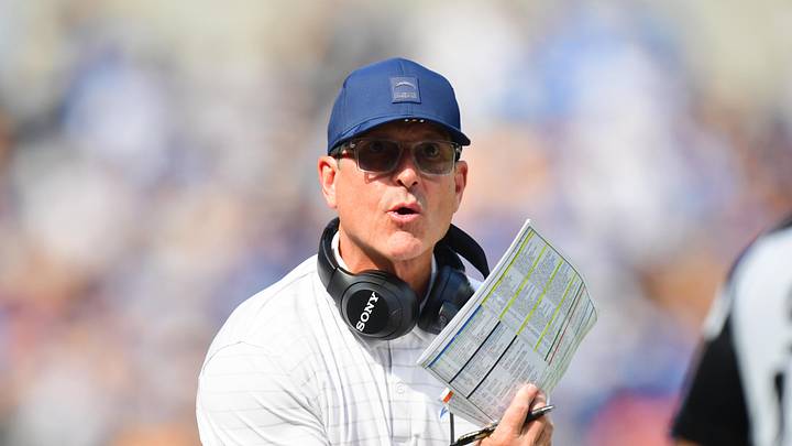 Oct 19, 2025; Inglewood, California, USA; Los Angeles Chargers head coach Jim Harbaugh reacts in the first half against the Indianapolis Colts at SoFi Stadium. Mandatory Credit: Gary A. Vasquez-Imagn Images