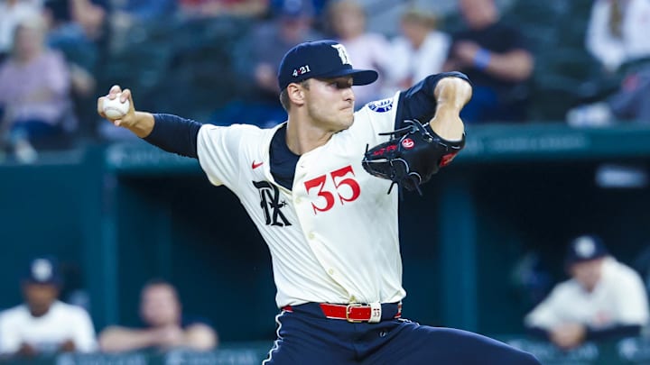 Mar 28, 2025; Arlington, Texas, USA;  Texas Rangers starting pitcher Jack Leiter (35) throws during the first inning against the Boston Red Sox at Globe Life Field. 