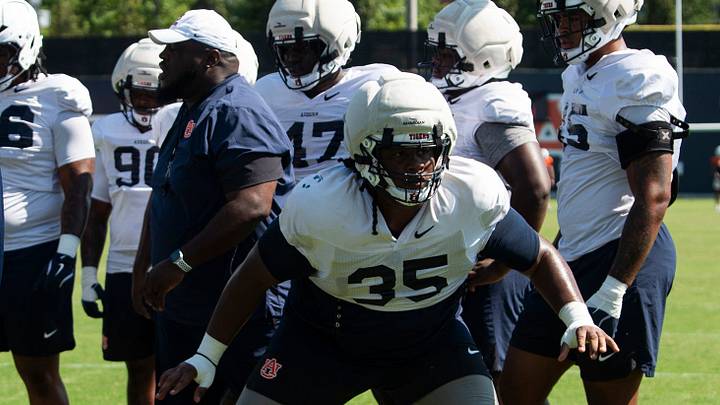 Auburn Tigers defensive lineman Dallas Walker IV (35) runs drills during practice at Woltosz Football Performance Center in Auburn, Ala. on Tuesday, Aug. 19, 2025. Auburn Tigers defensive lineman Dallas Walker IV (35) runs drills during practice at Woltosz Football Performance Center in Auburn, Ala. on Tuesday, Aug. 19, 2025.