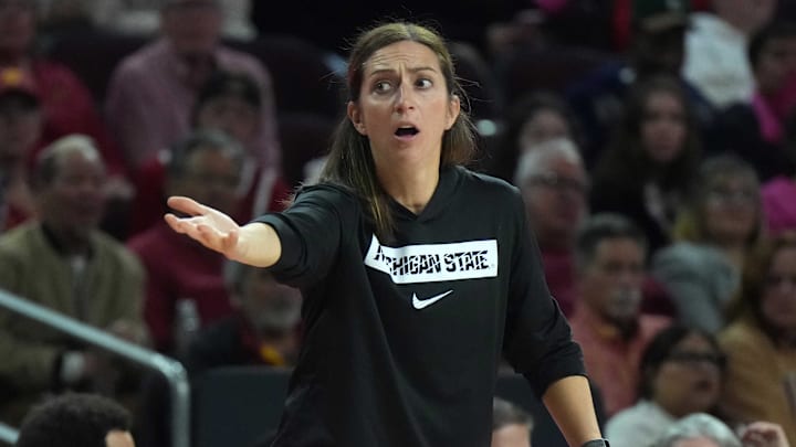 Feb 19, 2025; Los Angeles, California, USA; Michigan State Spartans head coach Robyn Fralick reacts against the Southern California Trojans in the second half at the Galen Center. Mandatory Credit: Kirby Lee-Imagn Images