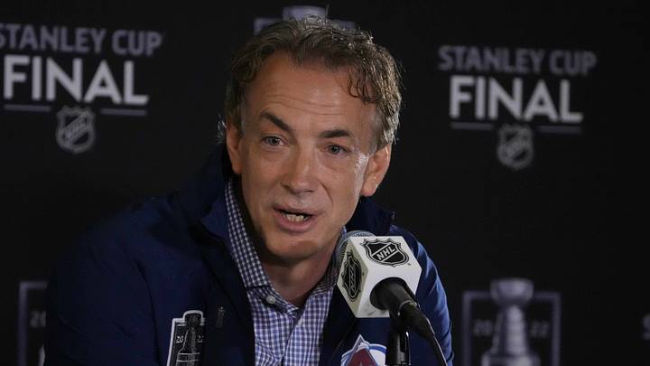 Jun 14, 2022; Denver, Colorado, USA; Colorado Avalanche general manager Joe Sakic speaks during media day for the 2022 Stanley Cup Final at Ball Arena. Mandatory Credit: Ron Chenoy-USA TODAY Sports Jun 14, 2022; Denver, Colorado, USA; Colorado Avalanche general manager Joe Sakic speaks during media day for the 2022 Stanley Cup Final at Ball Arena. Mandatory Credit: Ron Chenoy-USA TODAY Sports