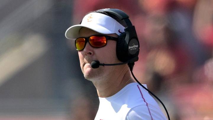 Oct 12, 2024; Los Angeles, California, USA; USC Trojans head coach Lincoln Riley during a time out against the Penn State Nittany Lions in the first half at United Airlines Field at Los Angeles Memorial Coliseum. Mandatory Credit: Jayne Kamin-Oncea-Imagn Images Oct 12, 2024; Los Angeles, California, USA; USC Trojans head coach Lincoln Riley during a time out against the Penn State Nittany Lions in the first half at United Airlines Field at Los Angeles Memorial Coliseum. Mandatory Credit: Jayne Kamin-Oncea-Imagn Images