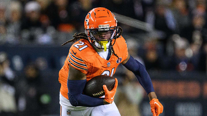 Nov 9, 2023; Chicago, Illinois, USA; Chicago Bears running back D'Onta Foreman (21) runs the ball