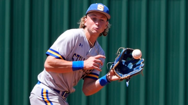 Stillwater's Ethan Holliday catches a line drive during the high school baseball game between Dale and Stillwater at Carl Albert High School in Midwest City, Friday, April, 11, 2025.