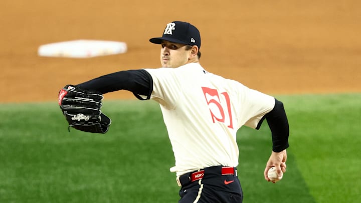 Texas Rangers starting pitcher Tyler Mahle (51) throws during the fourth inning against the Miami Marlins at Globe Life Field. 
