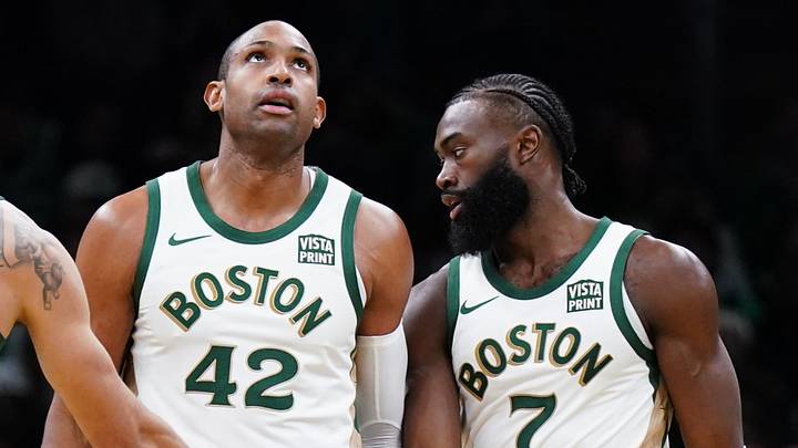 Nov 28, 2023; Boston, Massachusetts, USA; Boston Celtics guard Jaylen Brown (7) with forward Jayson Tatum (0) and center Al Horford (42) after his basket against the Chicago Bulls in the second half at TD Garden. Mandatory Credit: David Butler II-USA TODAY Sports Nov 28, 2023; Boston, Massachusetts, USA; Boston Celtics guard Jaylen Brown (7) with forward Jayson Tatum (0) and center Al Horford (42) after his basket against the Chicago Bulls in the second half at TD Garden. Mandatory Credit: David Butler II-USA TODAY Sports