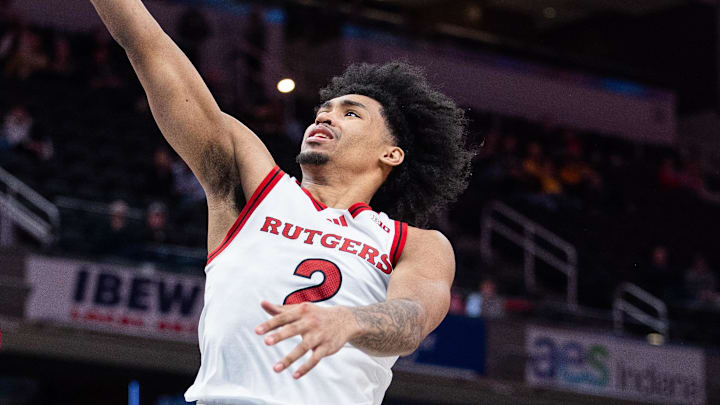 Mar 12, 2025; Indianapolis, IN, USA; Rutgers Scarlet Knights guard Dylan Harper (2) shoots the ball in the second half against the USC Trojans at Gainbridge Fieldhouse. Mandatory Credit: Trevor Ruszkowski-Imagn Images Mar 12, 2025; Indianapolis, IN, USA; Rutgers Scarlet Knights guard Dylan Harper (2) shoots the ball in the second half against the USC Trojans at Gainbridge Fieldhouse. Mandatory Credit: Trevor Ruszkowski-Imagn Images