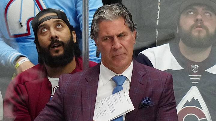Mar 4, 2024; Denver, Colorado, USA; Colorado Avalanche head coach Jared Bednar on the bench during the first period against the Chicago Blackhawks at Ball Arena. Mandatory Credit: Ron Chenoy-Imagn Images