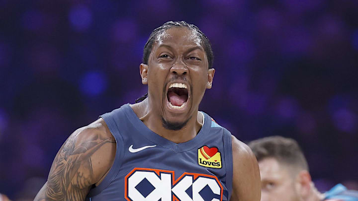 Apr 22, 2026; Oklahoma City, Oklahoma, USA; Oklahoma City Thunder guard Jalen Williams (8) screams after dunking against the Phoenix Suns in the first half during game two of the first round of the 2026 NBA Playoffs at Paycom Center. Mandatory Credit: Alonzo Adams-Imagn Images