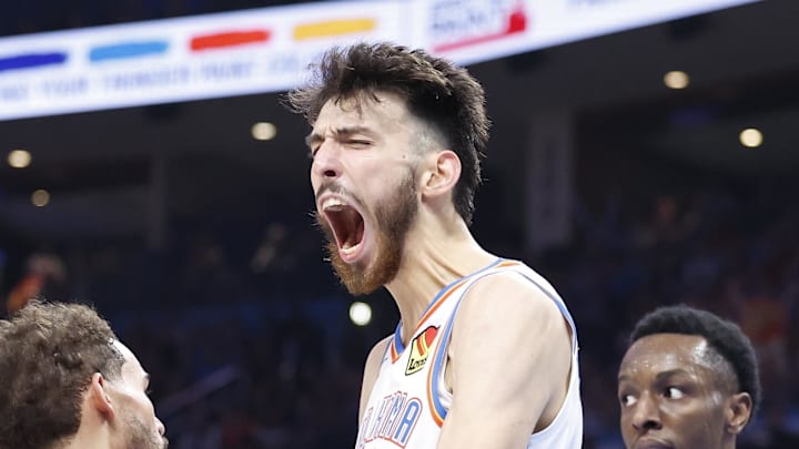 Oct 27, 2024; Oklahoma City, Oklahoma, USA; Oklahoma City Thunder forward Chet Holmgren (7) celebrates after dunking against the Atlanta Hawks during the second half at Paycom Center. Mandatory Credit: Alonzo Adams-Imagn Images Oct 27, 2024; Oklahoma City, Oklahoma, USA; Oklahoma City Thunder forward Chet Holmgren (7) celebrates after dunking against the Atlanta Hawks during the second half at Paycom Center. Mandatory Credit: Alonzo Adams-Imagn Images