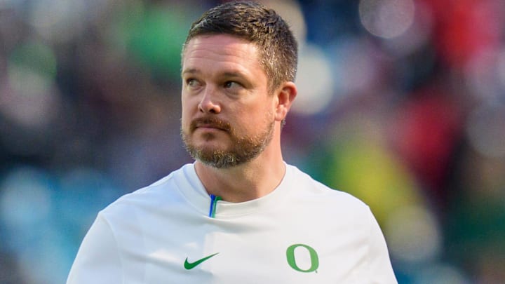 Oregon head coach Dan Lanning walks the field during warmups as the Oregon Ducks take on the Texas Tech Red Raiders in the Orange Bowl on Jan. 1, 2026, at Hard Rock Stadium in Miami, Florida.