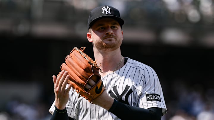 Jun 21, 2025; Bronx, New York, USA; New York Yankees pitcher Clarke Schmidt (36) reacts after leaving the game during the seventh inning against the Baltimore Orioles at Yankee Stadium. Mandatory Credit: John Jones-Imagn Images