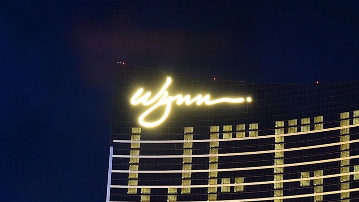 May 29, 2020; Las Vegas, Nevada, USA; General view of Encore hotel and casino with heart lit up on