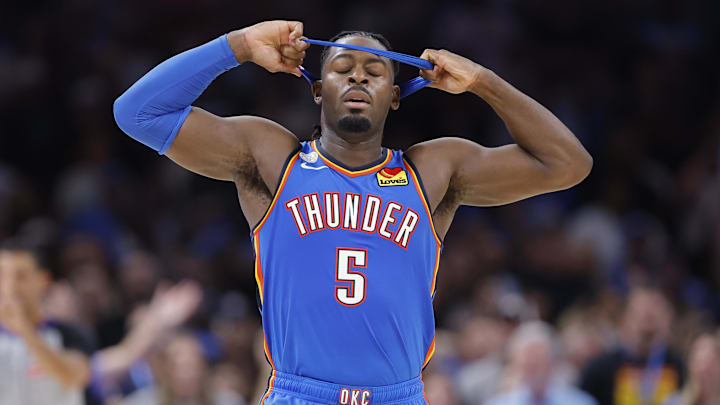 Oct 21, 2025; Oklahoma City, Oklahoma, USA; Oklahoma City Thunder guard Luguentz Dort reacts after a play against the Houston Rockets during the second half at Paycom Center. Mandatory Credit: Alonzo Adams-Imagn Images