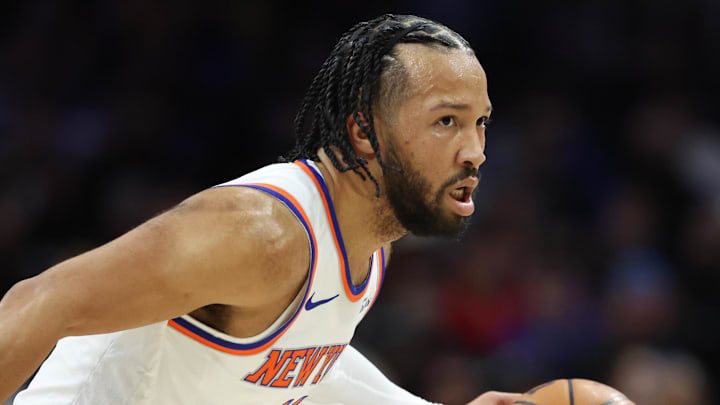 Feb 11, 2026; Philadelphia, Pennsylvania, USA; New York Knicks guard Jalen Brunson (11) controls the ball against the Philadelphia 76ers during the first half at Xfinity Mobile Arena. Mandatory Credit: Bill Streicher-Imagn Images