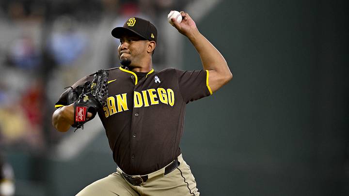 San Diego Padres relief pitcher Wandy Peralta (58) pitches against the Texas Rangers during the first inning at Globe Life Field on June 21.