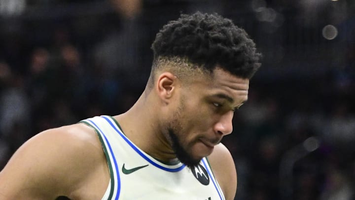 Milwaukee Bucks forward Giannis Antetokounmpo (34) reacts in the second quarter against the Minnesota Timberwolves at Fiserv Forum on January 13, 2026.