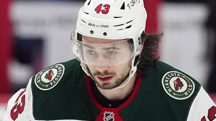 May 3, 2026; Denver, Colorado, USA; Minnesota Wild defenseman Quinn Hughes (43) warms up before game one against the Colorado Avalanche of the second round of the 2026 Stanley Cup Playoffs at Ball Arena. Mandatory Credit: Ron Chenoy-Imagn Images