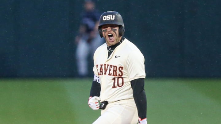 Oregon State's Bryce Hubbard celebrates hitting a solo home run during an NCAA college baseball game at Goss Stadium on Friday, March 6, 2026, in Corvallis, Ore. Oregon State's Bryce Hubbard celebrates hitting a solo home run during an NCAA college baseball game at Goss Stadium on Friday, March 6, 2026, in Corvallis, Ore.
