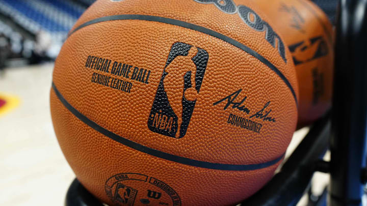 Apr 19, 2025; Denver, Colorado, USA; General view of a NBA Wilson basketball before the game between the LA Clippers against the Denver Nuggets at Ball Arena. Mandatory Credit: Ron Chenoy-Imagn Images