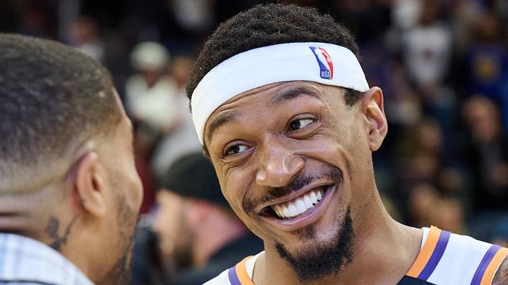 Dec 28, 2024; San Francisco, California, USA; Phoenix Suns guard Bradley Beal (3) reacts on the court after the game against the Golden State Warriors at Chase Center. Mandatory Credit: Robert Edwards-Imagn Images